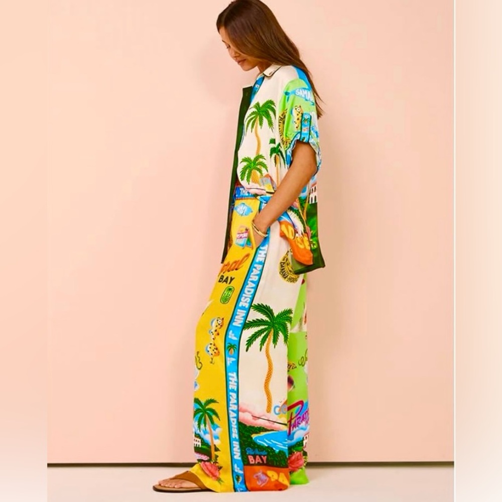 Tropical Print Wide-Leg 2 pcs Pants & Top